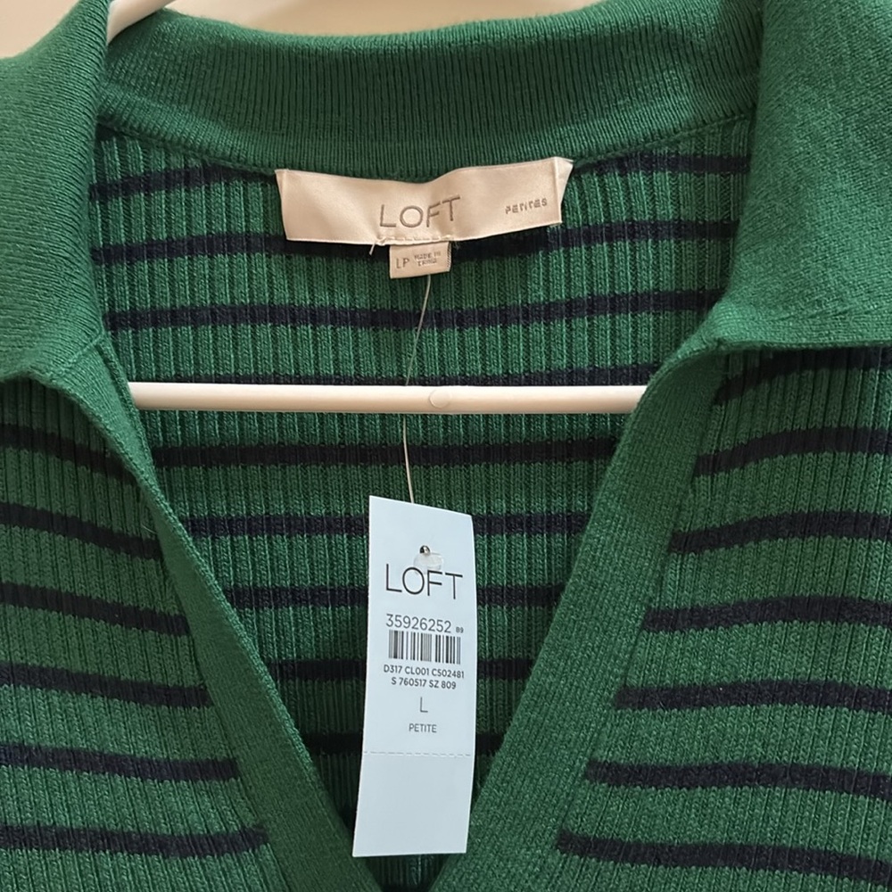 NWT LOFT Green/navy blue Striped v neck Sweater Dress size Large petite - Picture 2 of 4